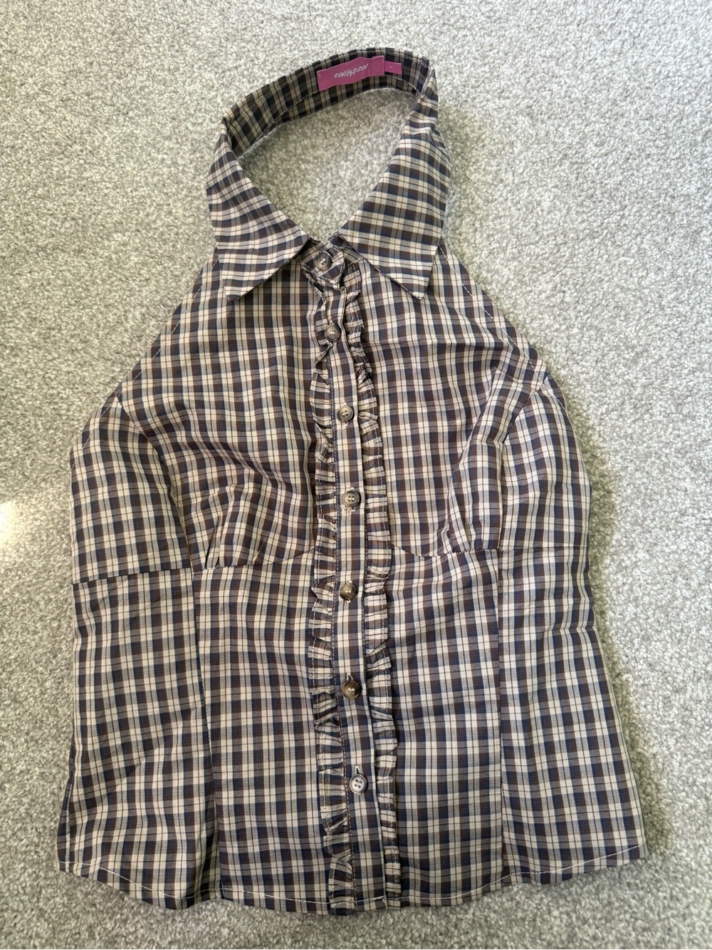 Edikted Navy and Cream Plaid Halter Button-Front Top